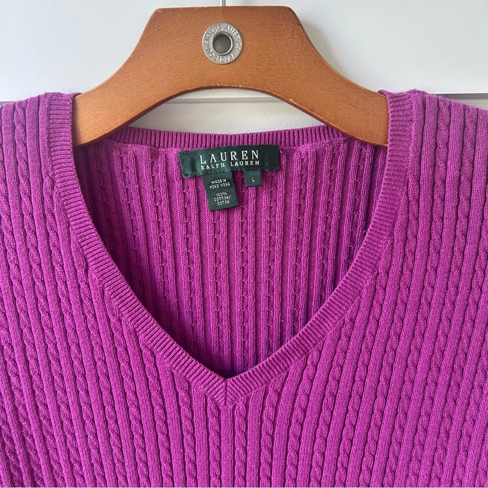 Lauren Ralph Lauren Women's Sweater 100%‎ Cotton Purple Cable Knit V-Neck Large